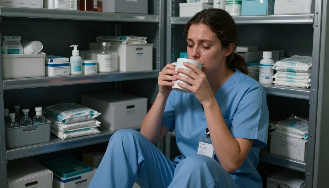 An exhausted nurse taking a moment of peace in a quiet room.
