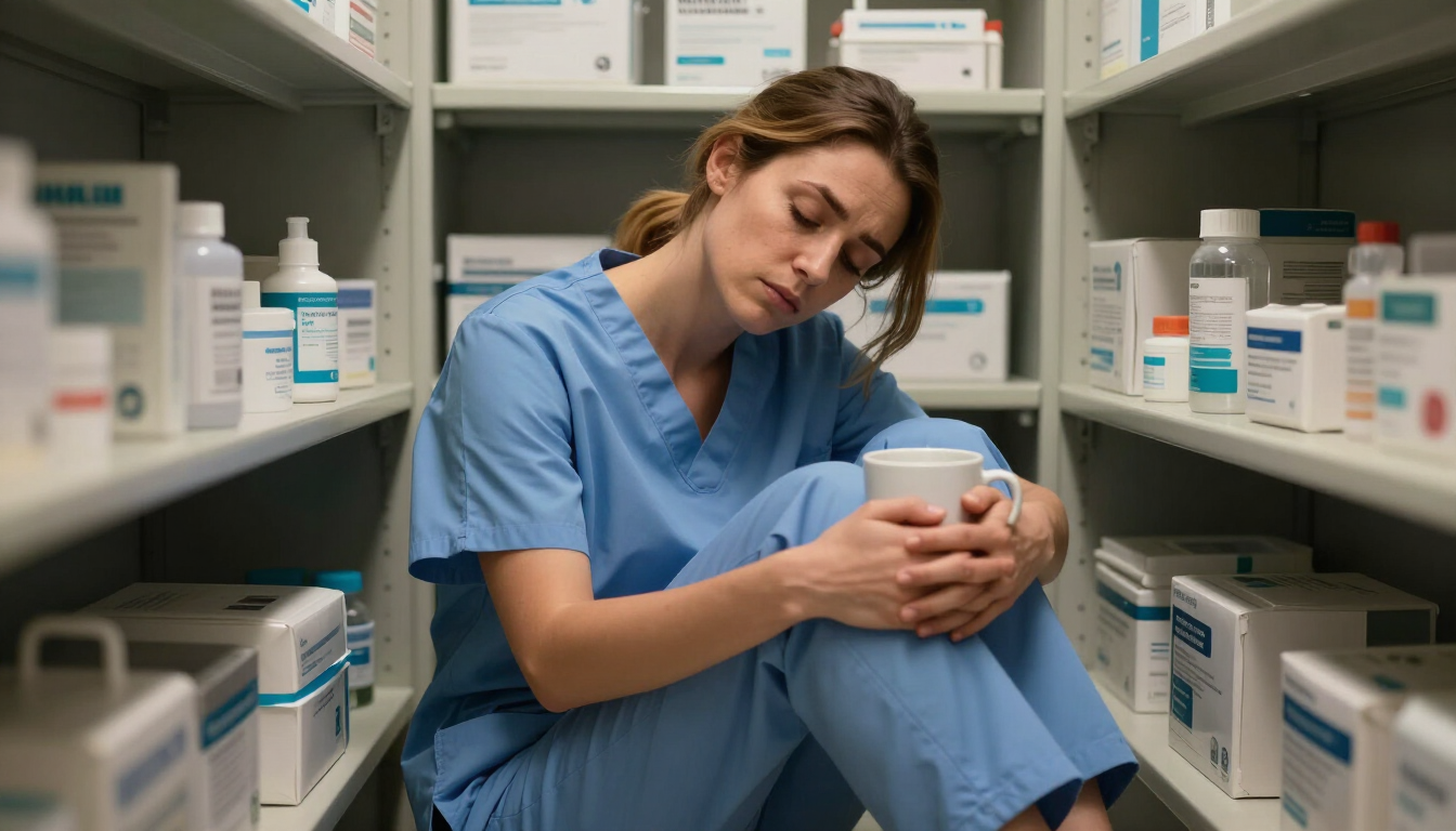 Exhausted nurse in supply closet