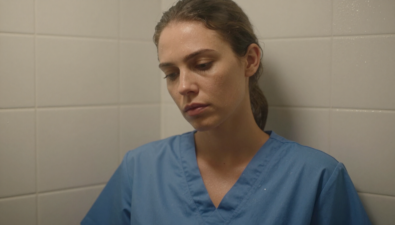 Nurse thinking in shower