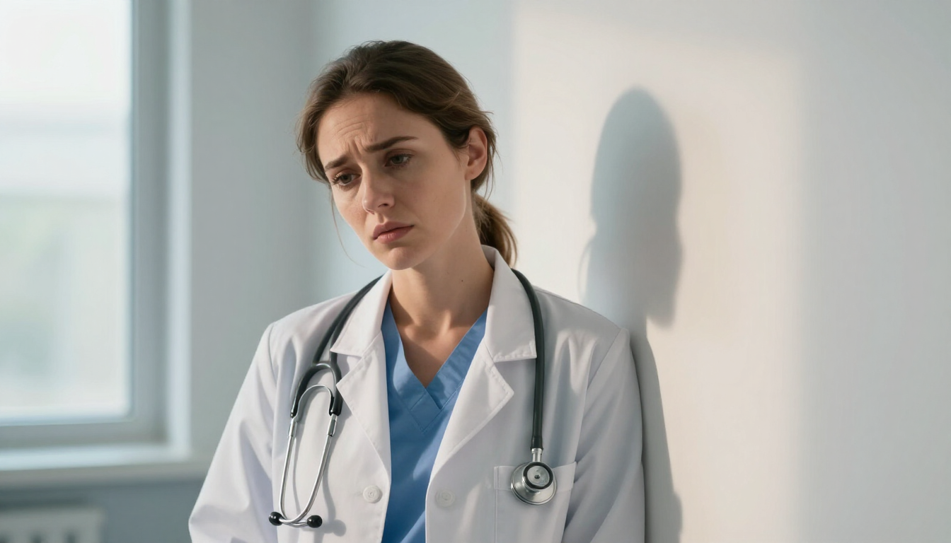 A reflective healthcare worker considering the signs of compassion fatigue.