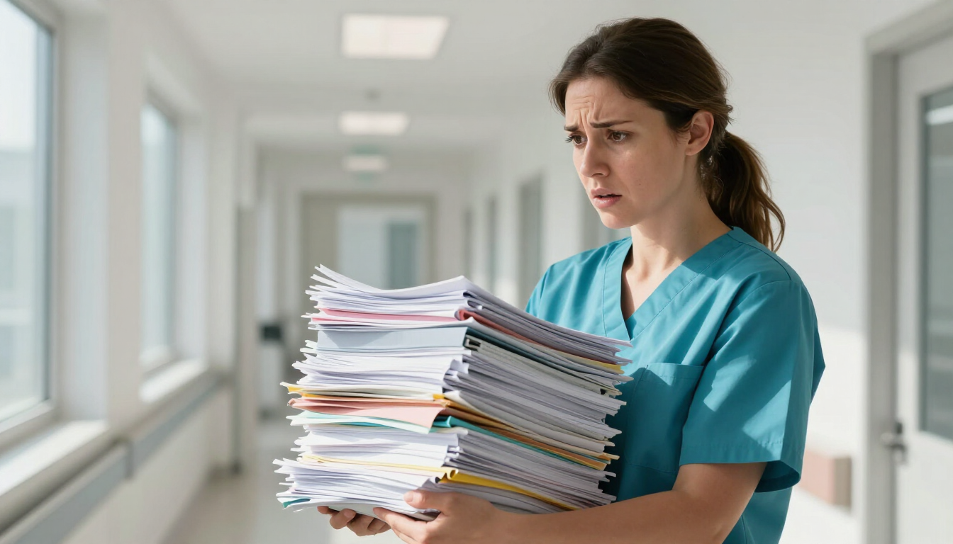 Overwhelmed nurse in a hospital hallway