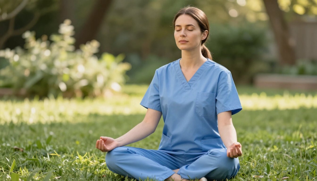 Nurse practicing grounding techniques outdoors