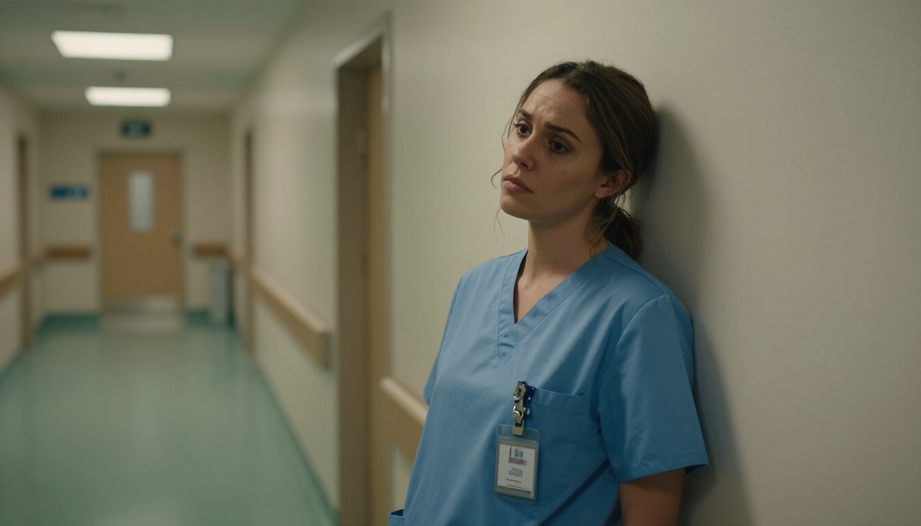 Exhausted nurse in hospital corridor
