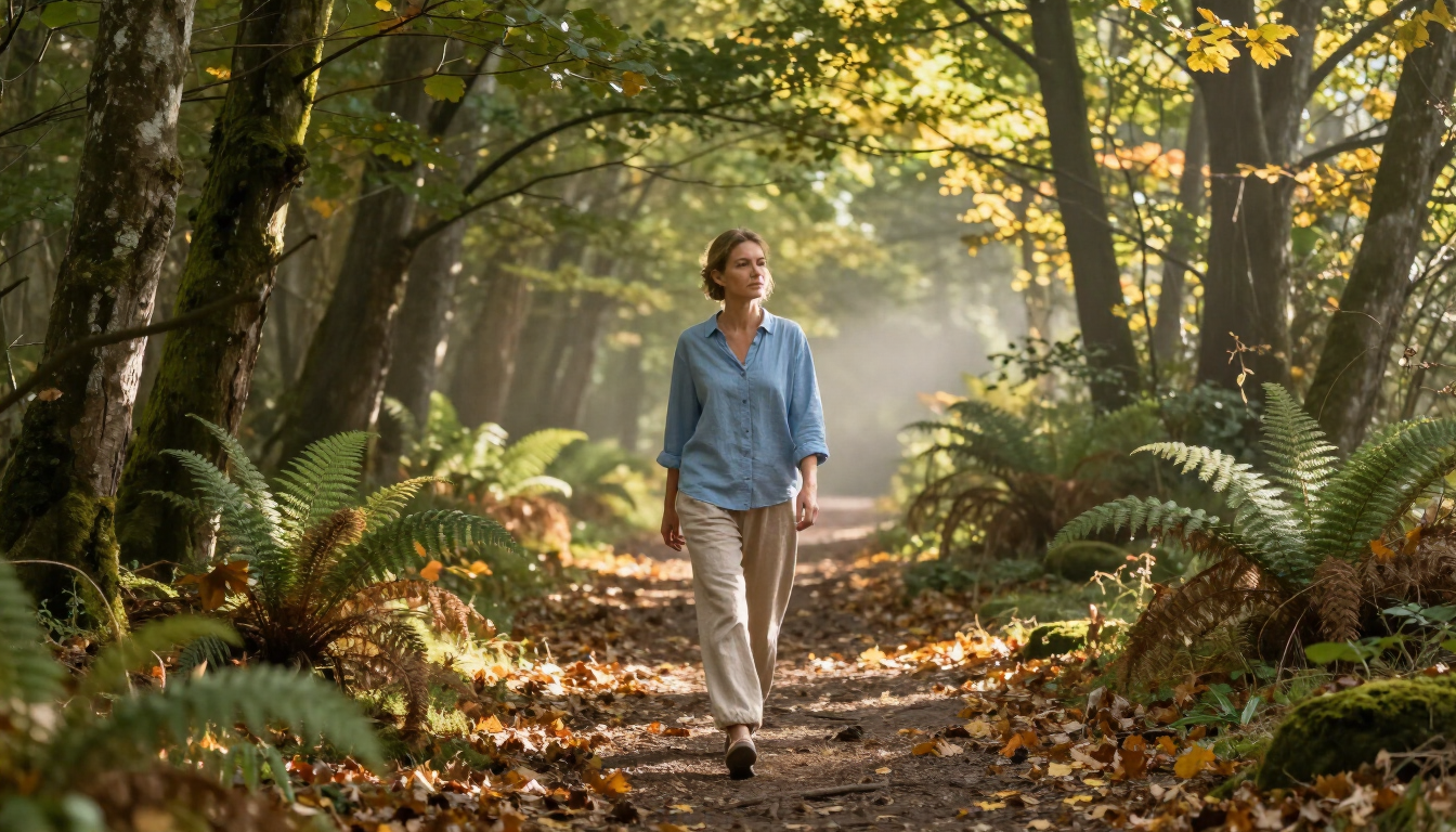 Woman walking in serene forest