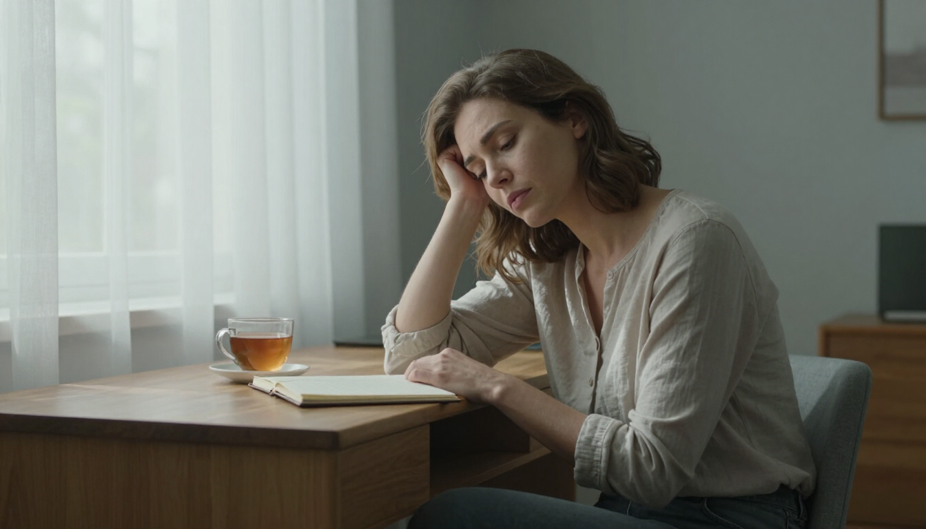A woman looking pensive and tired reflecting on emotional burnout.