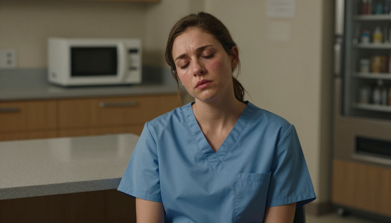 A tired healthcare worker reflecting on emotional stress and trauma responses.