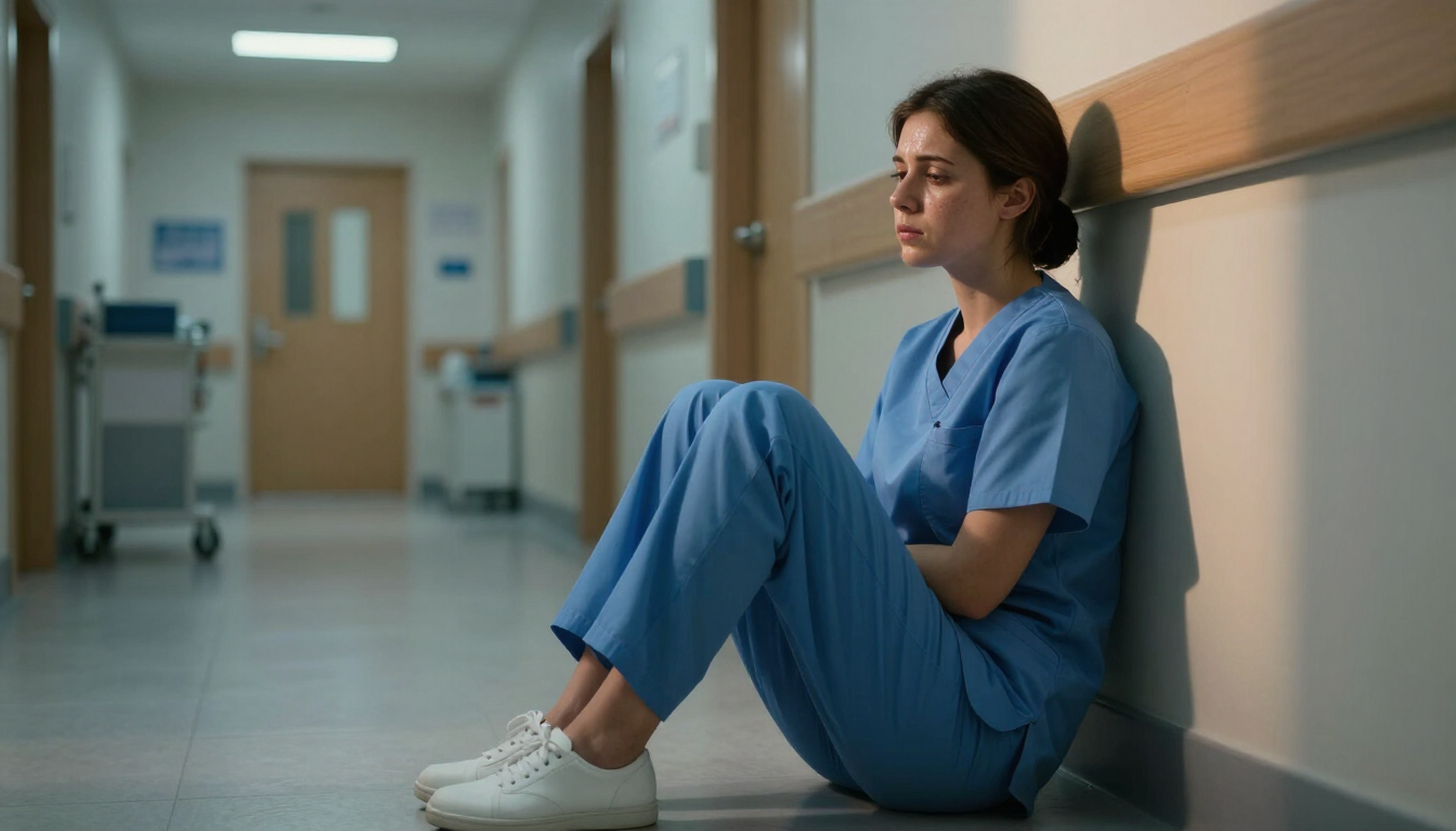 Exhausted nurse in hospital corridor reflecting on burnout