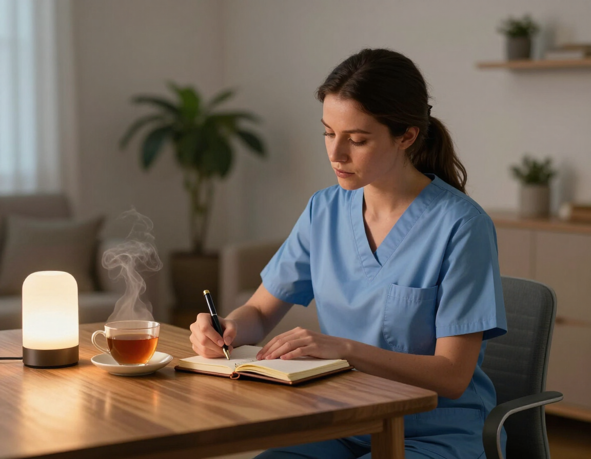 Nurse reflecting after work with notes and a warm cup of tea