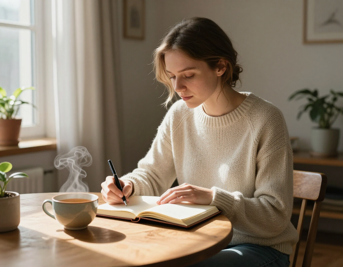 A person journaling beside a warm cup of tea, reflecting before a therapy consultation
