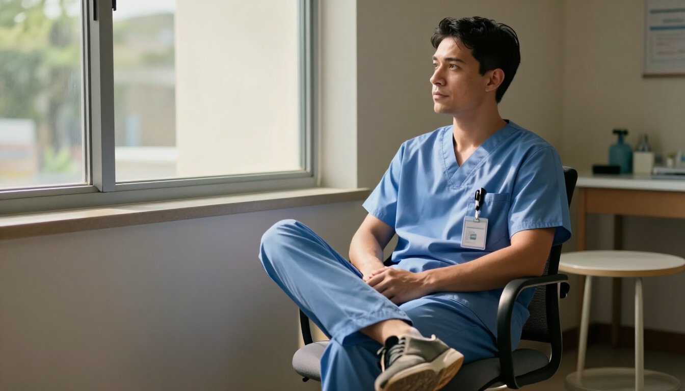 Healthcare worker pausing in a quiet moment