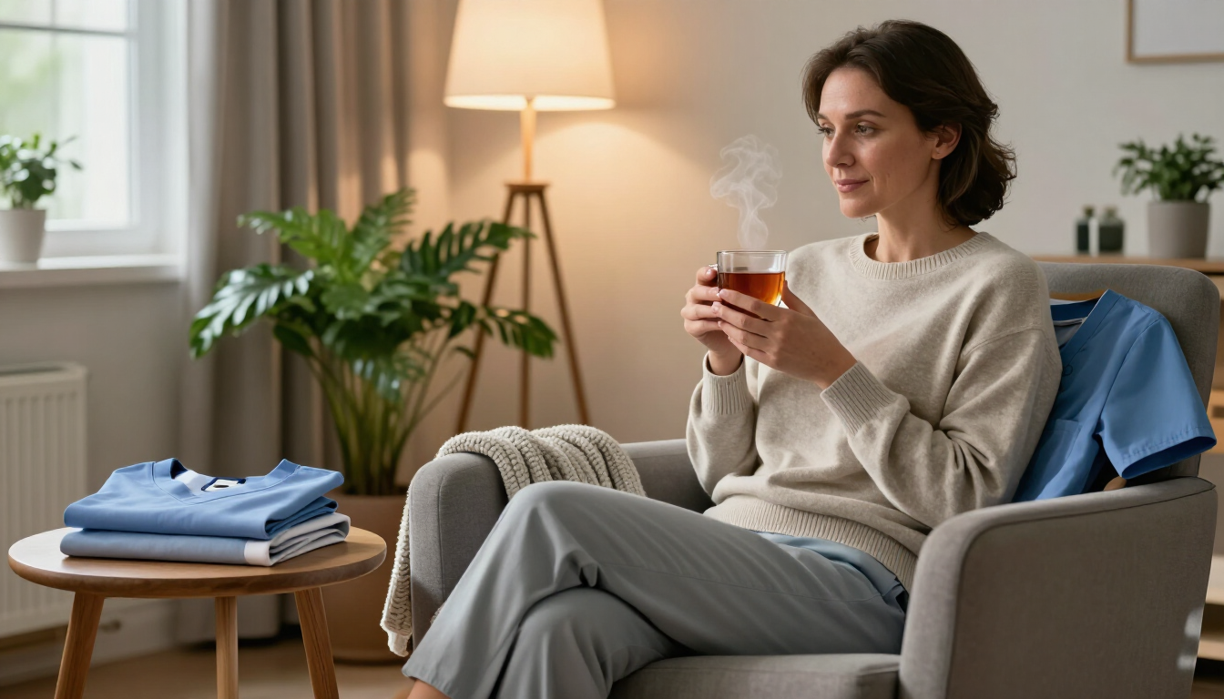 Healthcare professional resting after work in a calm home environment