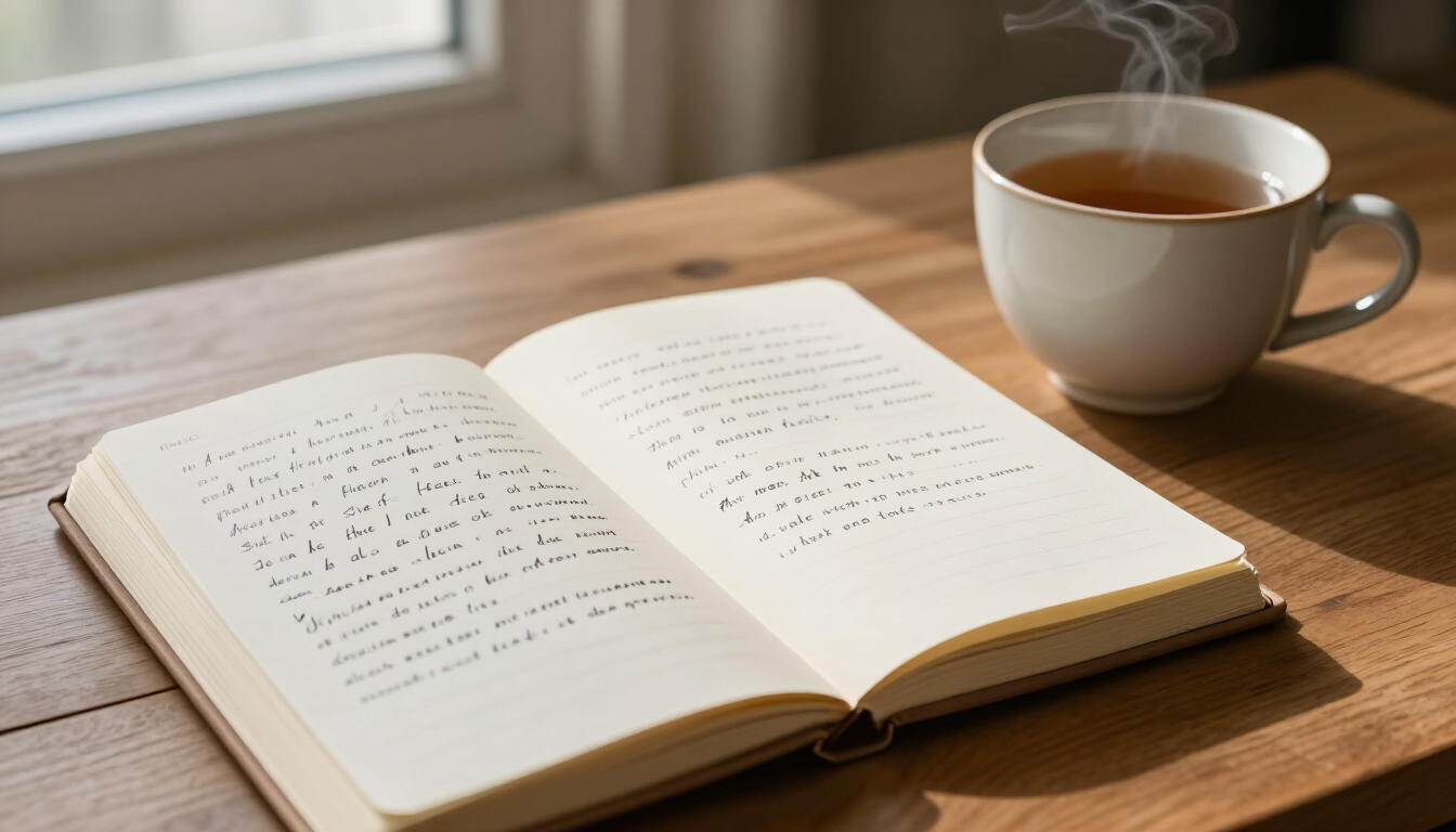 Open journal with journaling prompts for naming what you actually feel