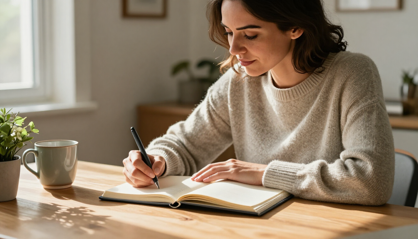 Person writing in a journal during a quiet self-reflection practice