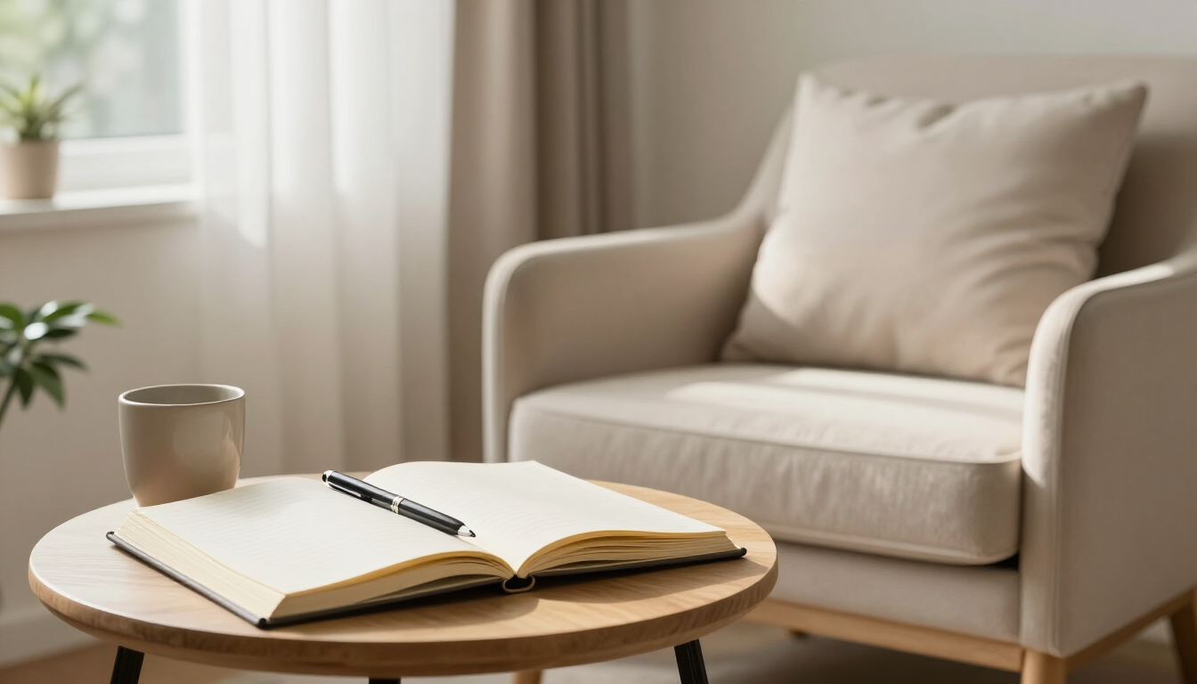 A calm therapy journal and pen beside a comfortable chair