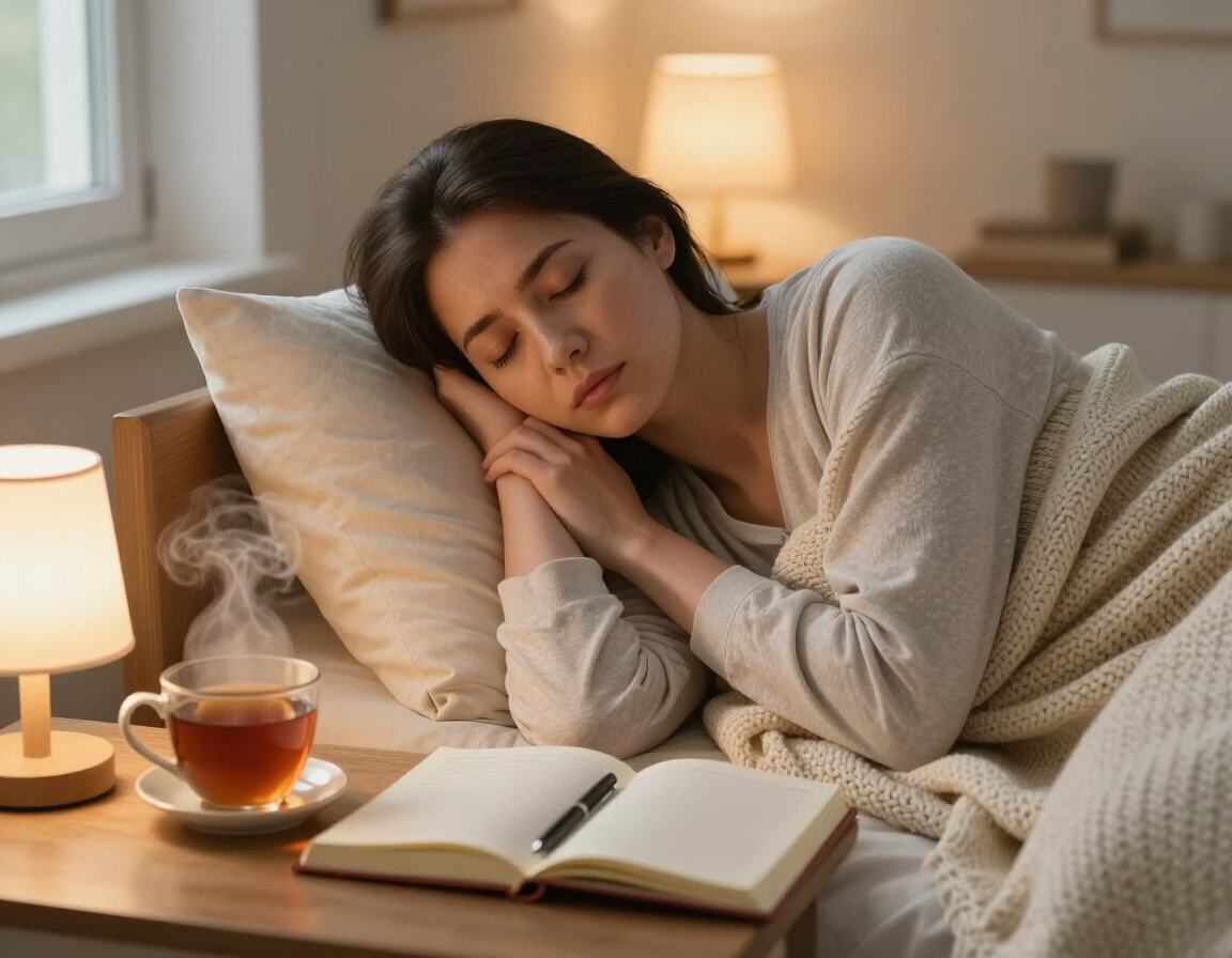 Calm self-care routine with tea, journal, and soft lighting after work