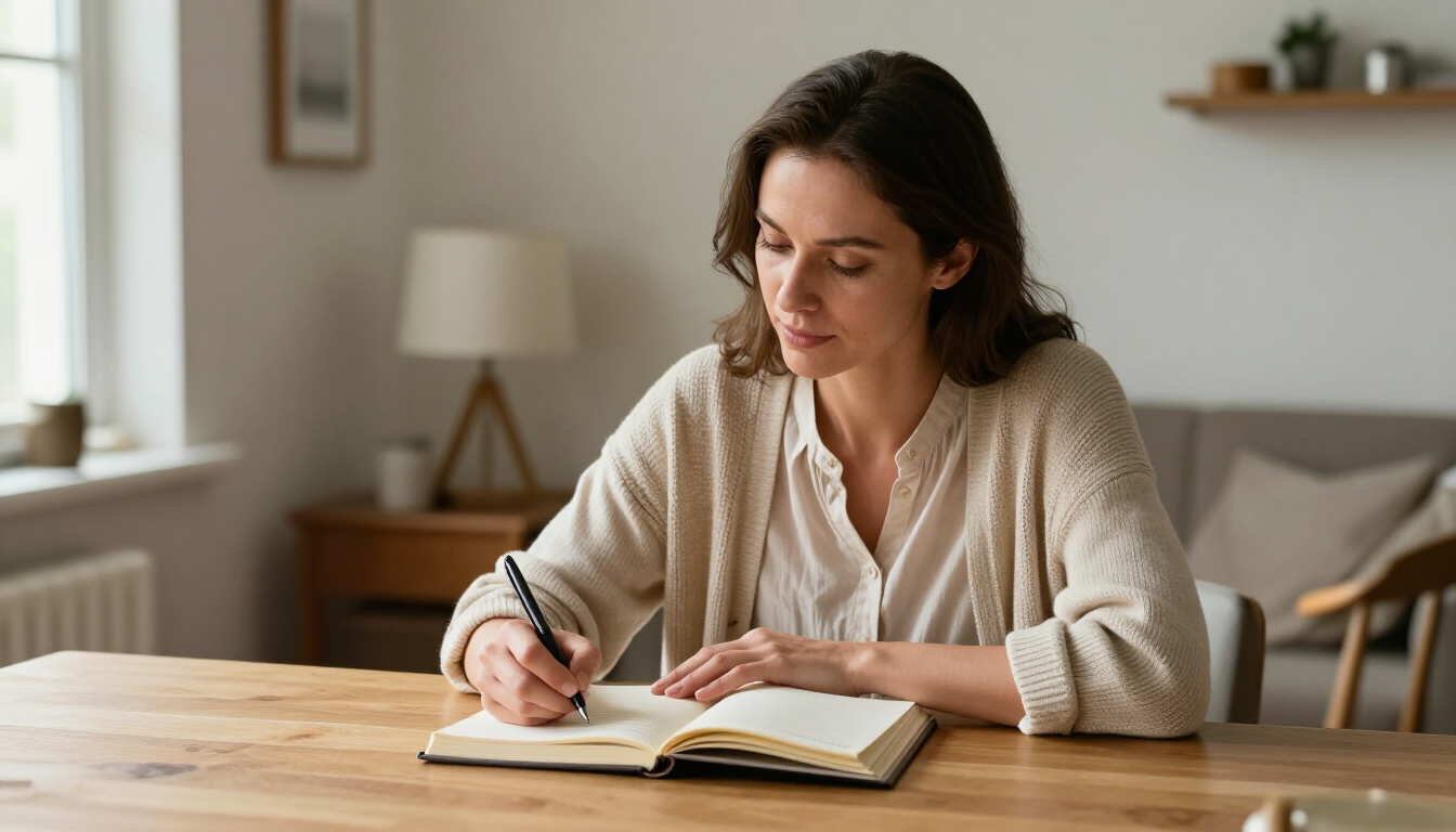 High-achieving woman reflecting in a calm, sunlit room