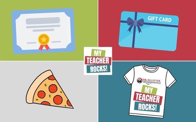A slice of pizza, a gift card, a certificate, and a shirt that says my teacher rocks.