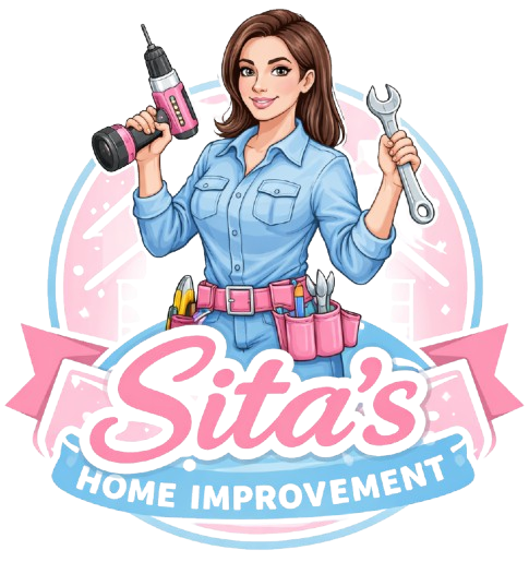 Logo of a woman holding a drill and wrench, with &ldquo;Sita&rsquo;s Home Improvement&rdquo; on a pink ribbon.
