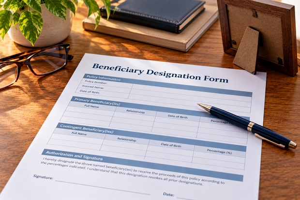 Blank beneficiary designation form on a desk with pen, glasses, plant, and photo frame