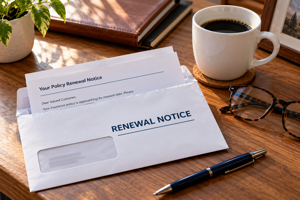 Renewal notice and payment slip on desk with coffee, glasses, and pen