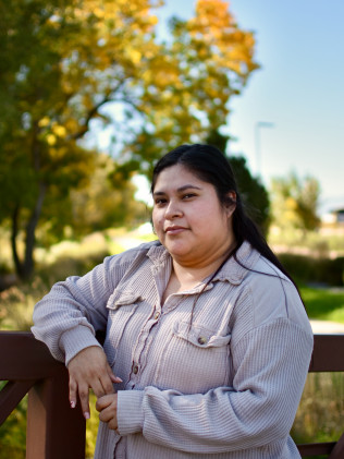 Person leaning on a wooden fence in a park, with trees and soft sunlight in the background.