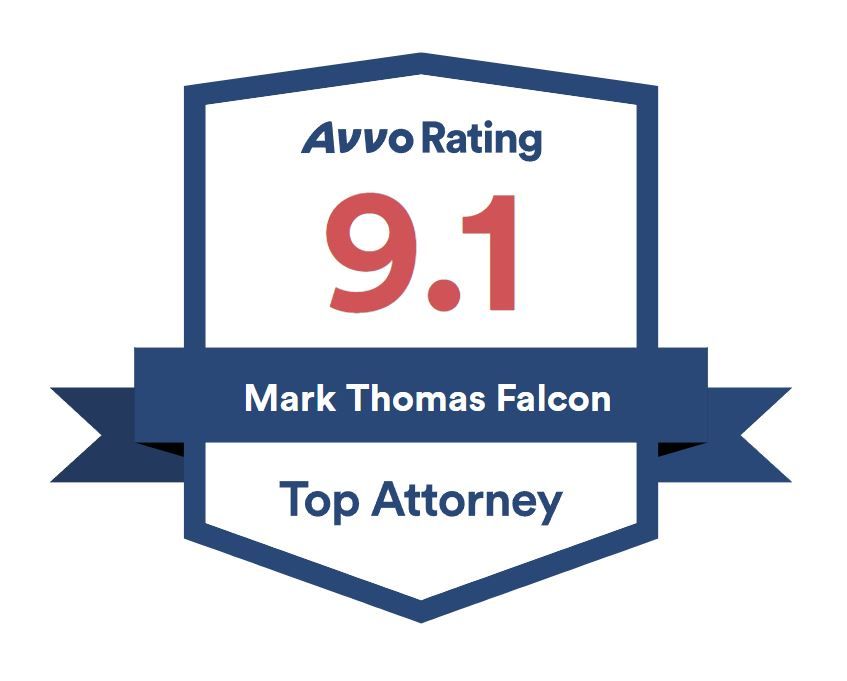 A badge that says avvo rating 9.1 mark thomas falcon top attorney.