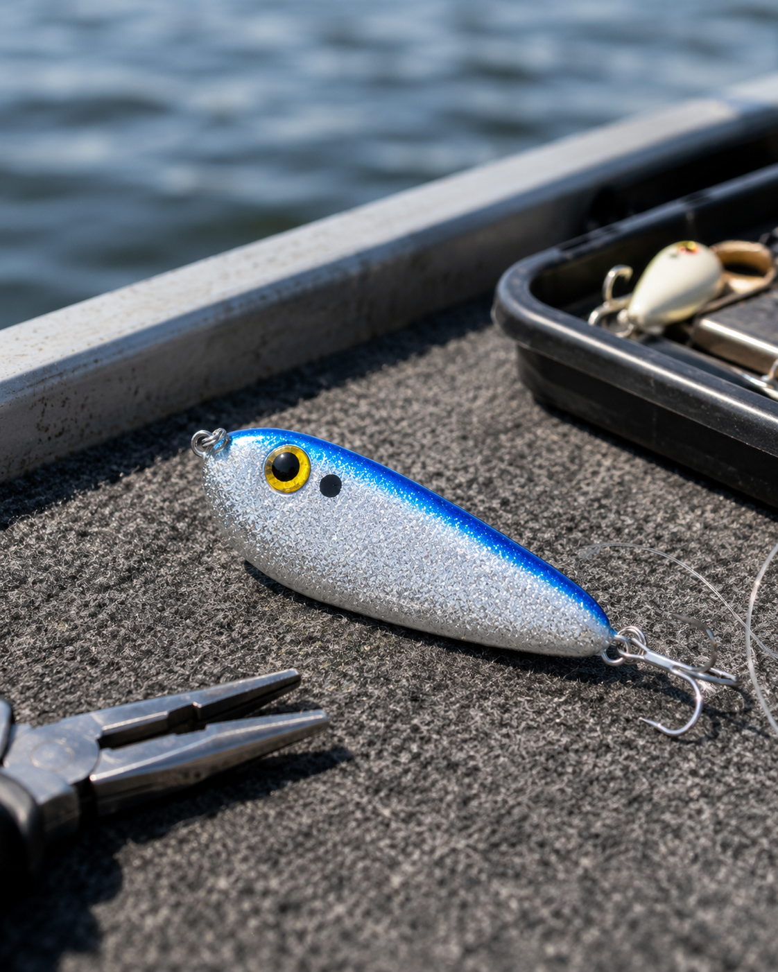 Silver and blue fishing lure on a boat deck beside pliers and tackle box, with water in the background