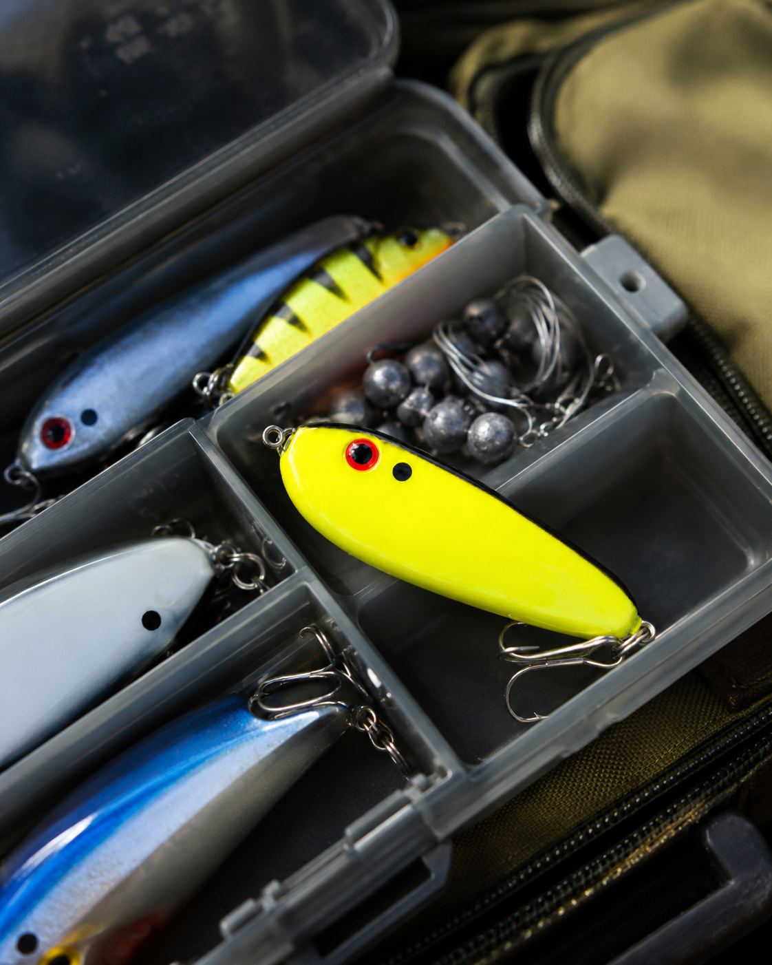 Assorted colorful fishing lures in a tackle box, including a bright yellow lure with hooks