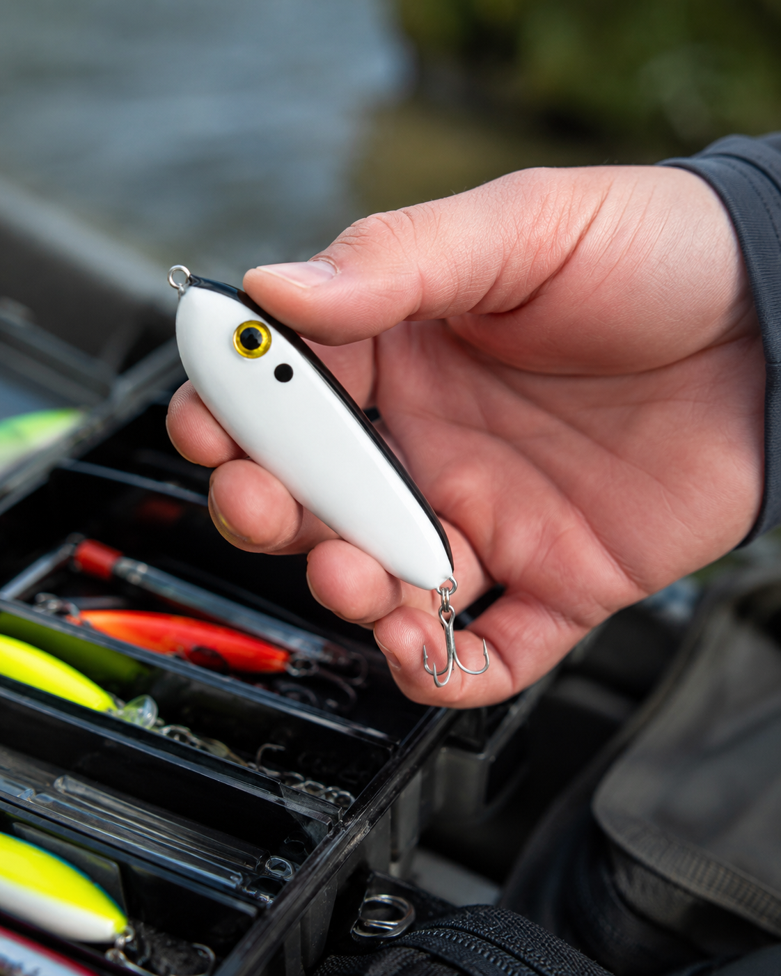 Hand holding a white fishing lure beside a tackle box with colorful lures on a boat