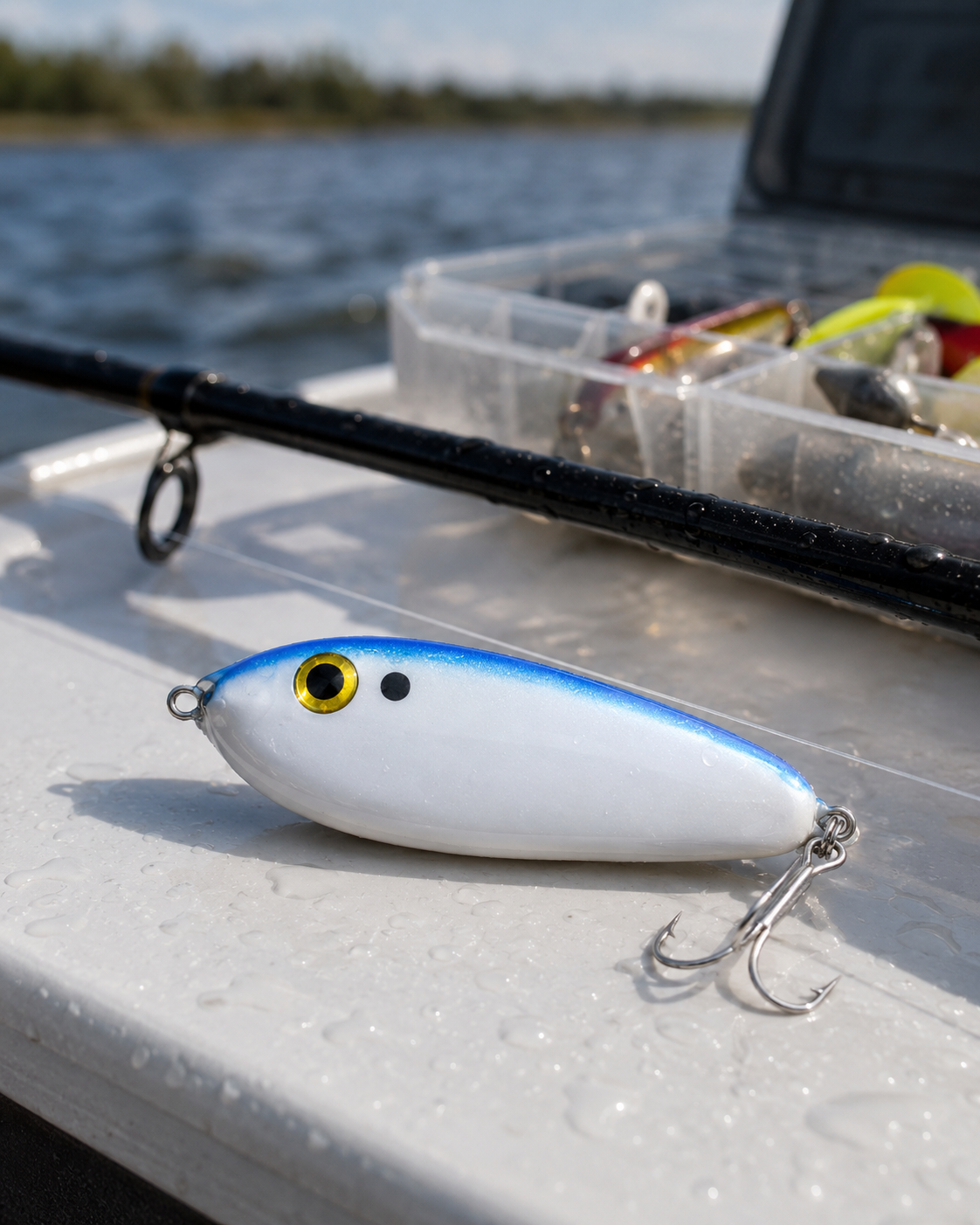 White-and-blue fishing lure on a boat deck beside tackle box, with water and shoreline in the background