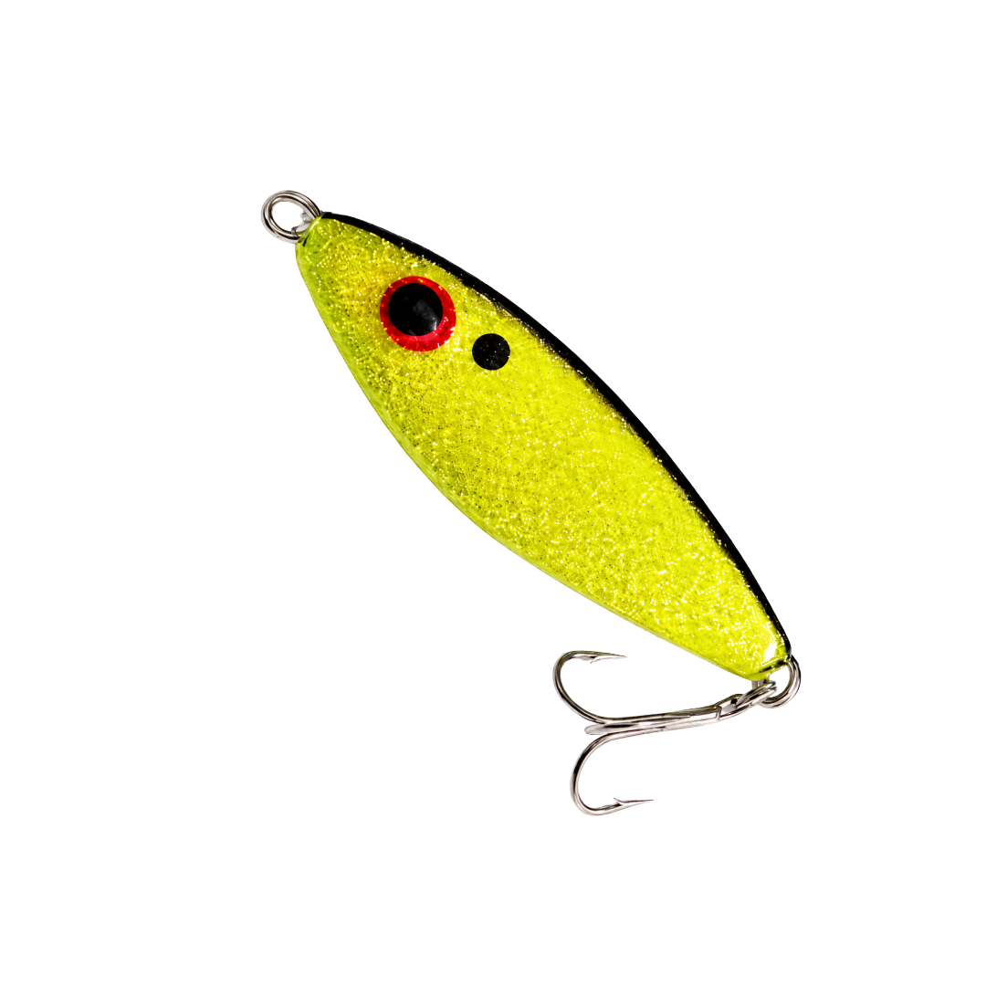 Yellow fishing lure with red and black spots and two hooks on a white background