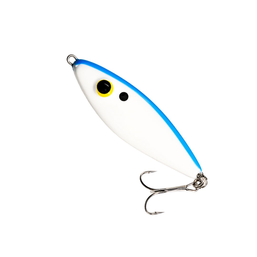 White fishing lure with blue trim and hooks on a plain background