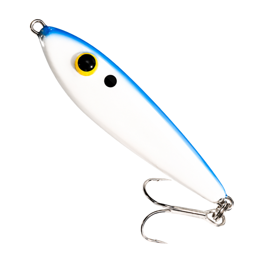 White and blue fishing lure with two treble hooks on a white background