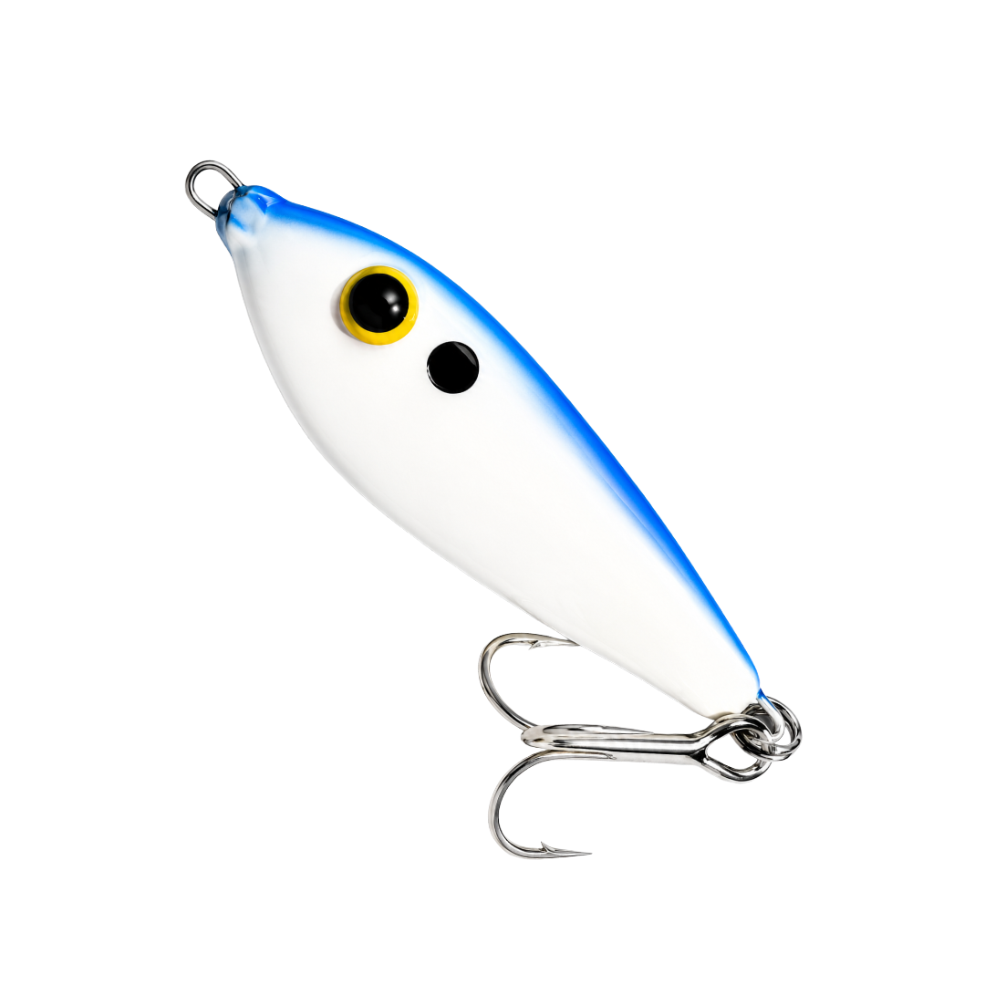 White fishing lure with blue stripe, yellow eye, and two metal hooks on a plain background