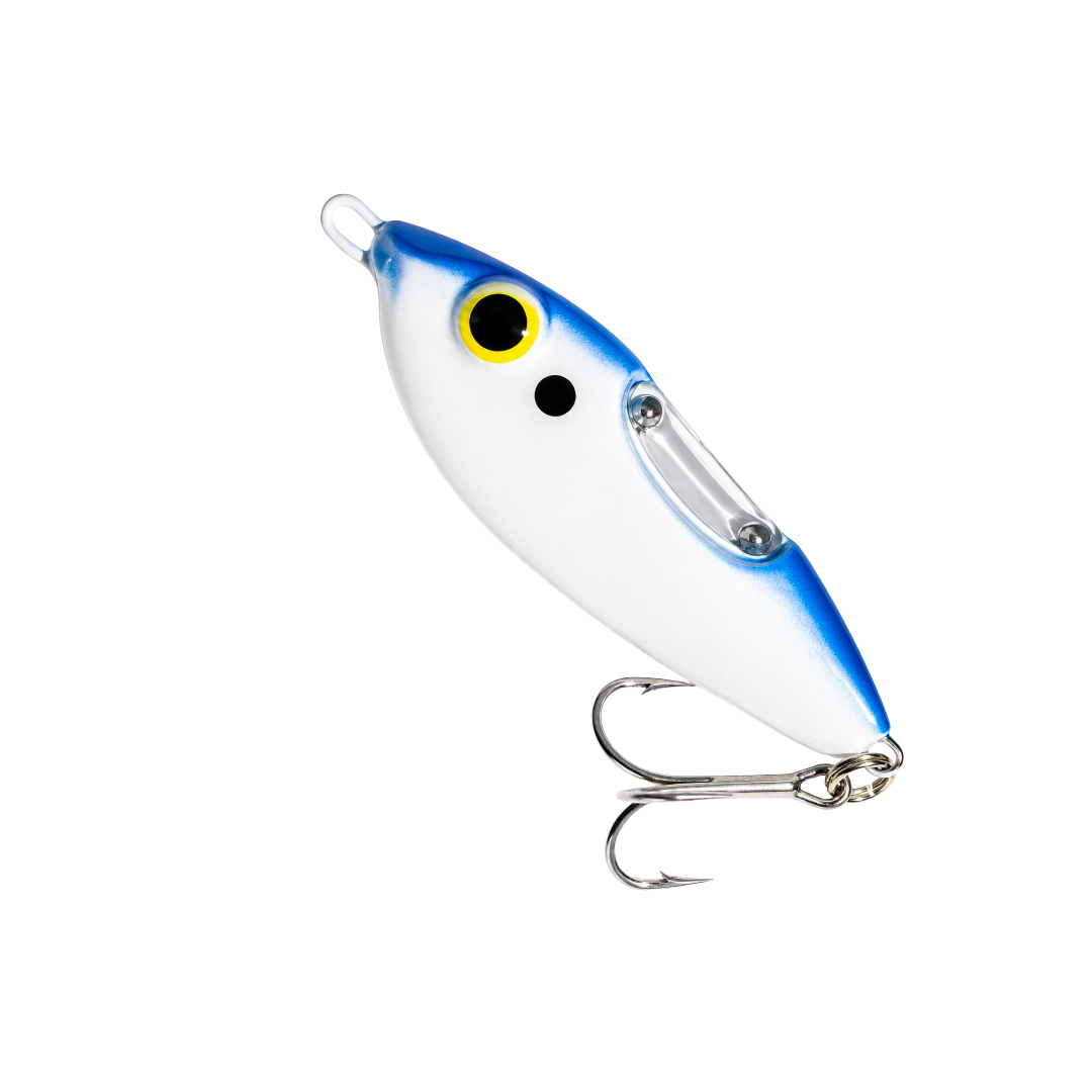 Blue and white fishing lure with two treble hooks and a yellow eye detail