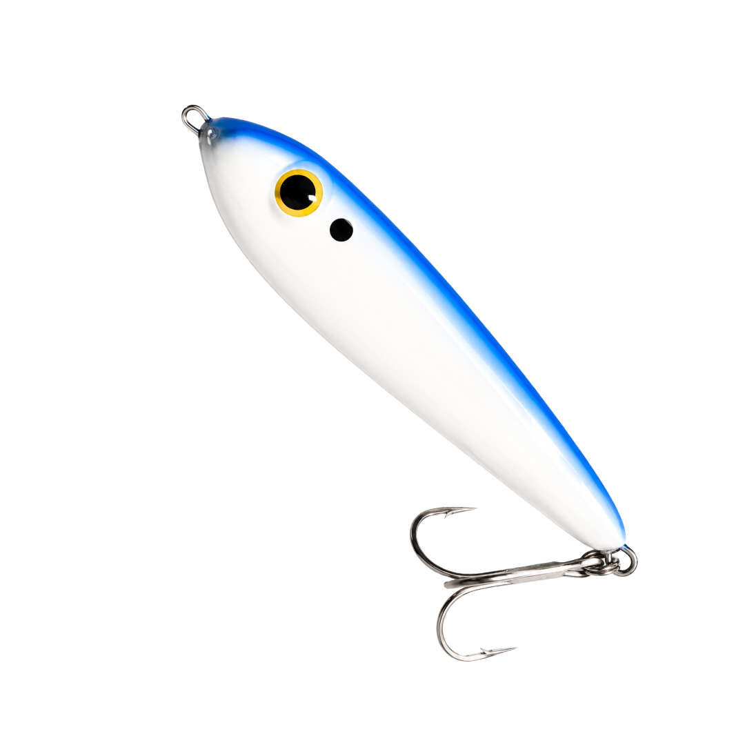 White-and-blue fishing lure with two treble hooks on a plain background