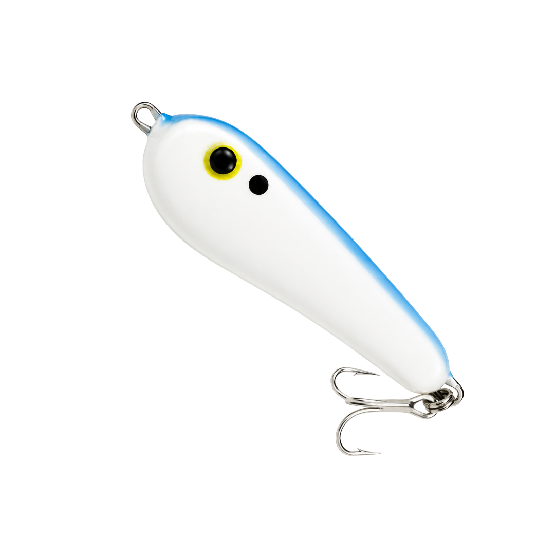 White fishing lure with blue trim and black/yellow eyes, shown on a plain background.