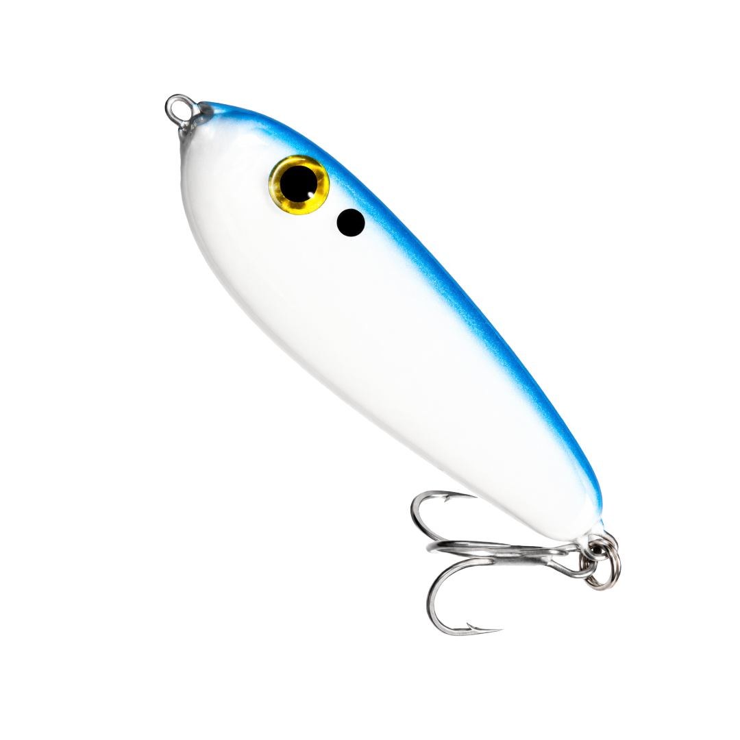 White fishing lure with blue stripe, yellow eye, and two silver treble hooks on a white background