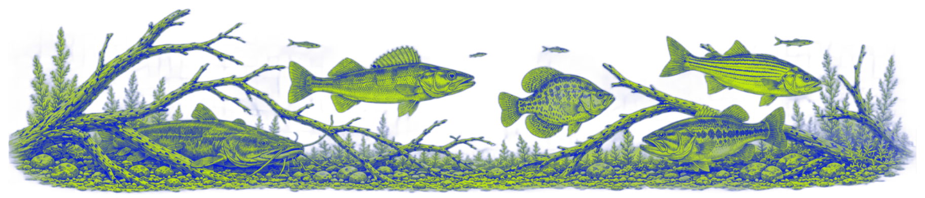 Fish swimming over blue-green seagrass and rocks