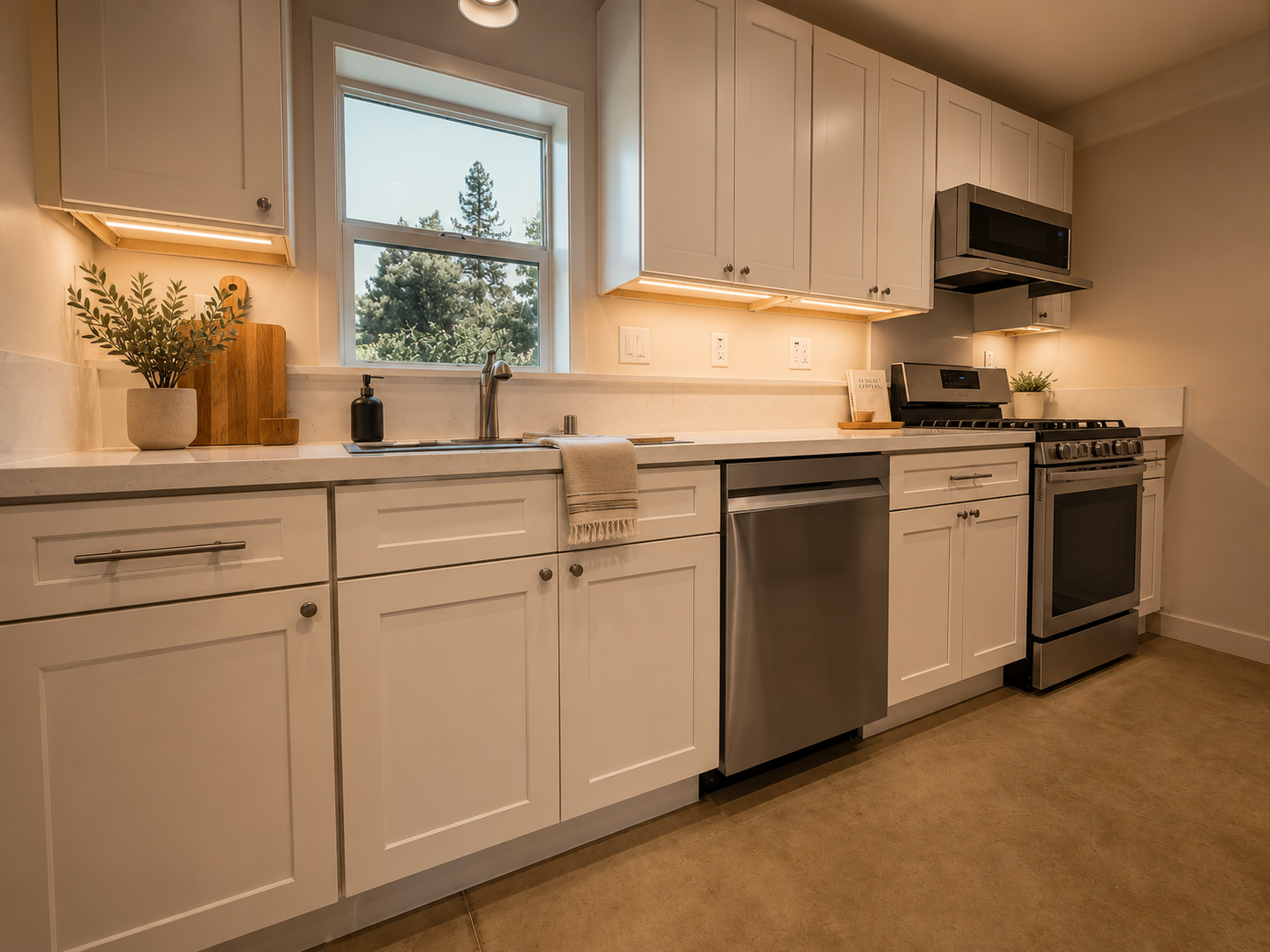 Garage conversion ADU kitchen interior in Grass Valley, built by Green Bee Construction.