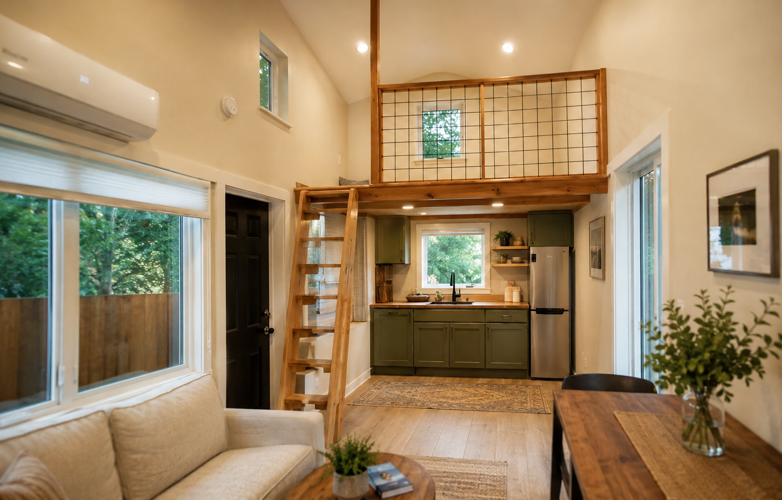 Interior of a custom ADU with a kitchen and wood accents in Nevada County