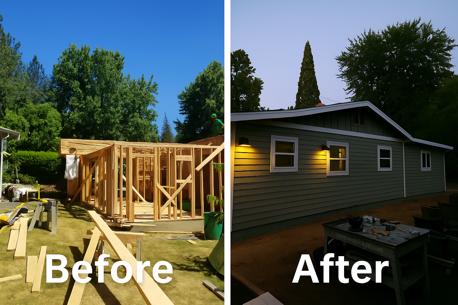 Home addition before and after in Grass Valley, built by Green Bee Construction.