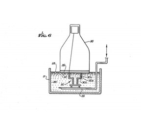 A black and white drawing of a bottle in a container