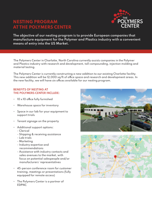 A brochure for the nesting program at the polymers center.