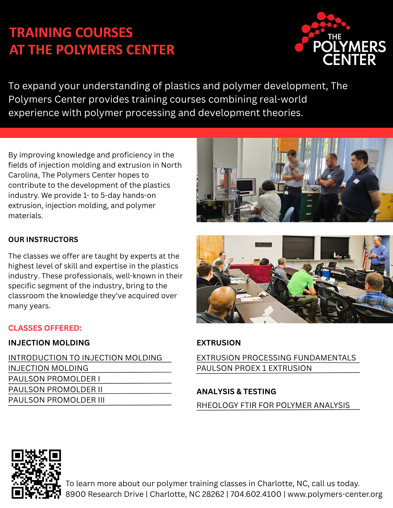 A flyer for training courses at the polymers center.
