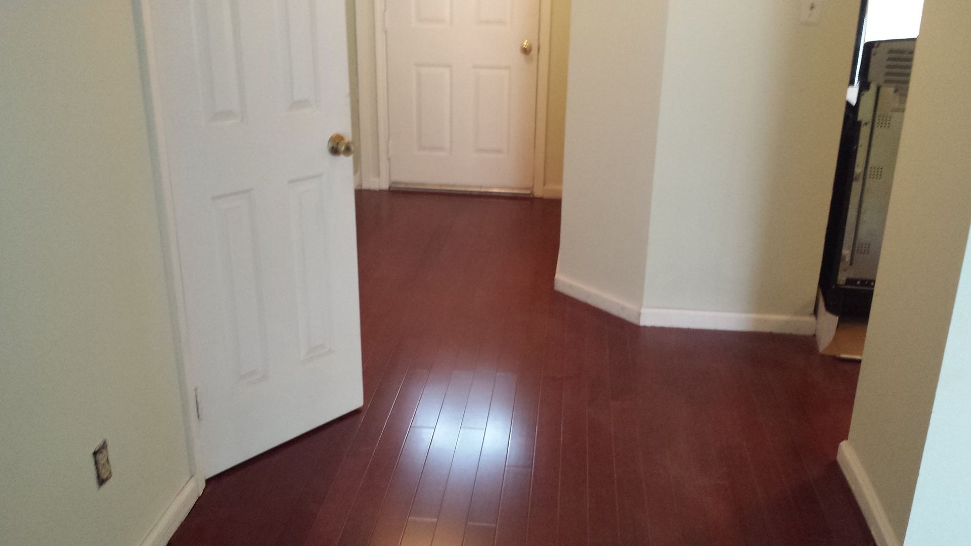 Hallway with dark wooden floor, two white doors, and light beige walls.