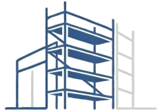 Disegno schematico in blu e grigio di un edificio a più piani in costruzione con impalcature.