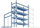 Disegno schematico in blu e grigio di un edificio a più piani in costruzione con impalcature.
