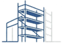Disegno schematico in blu e grigio di un edificio a più piani in costruzione con impalcature.
