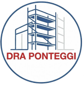 Logo circolare blu con illustrazione di un'impalcatura e testo rosso